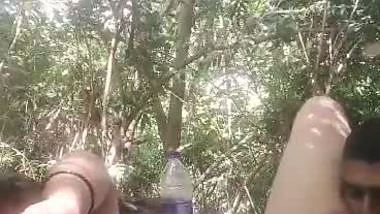 Mistress lets her servant lick her pussy during outdoor sex